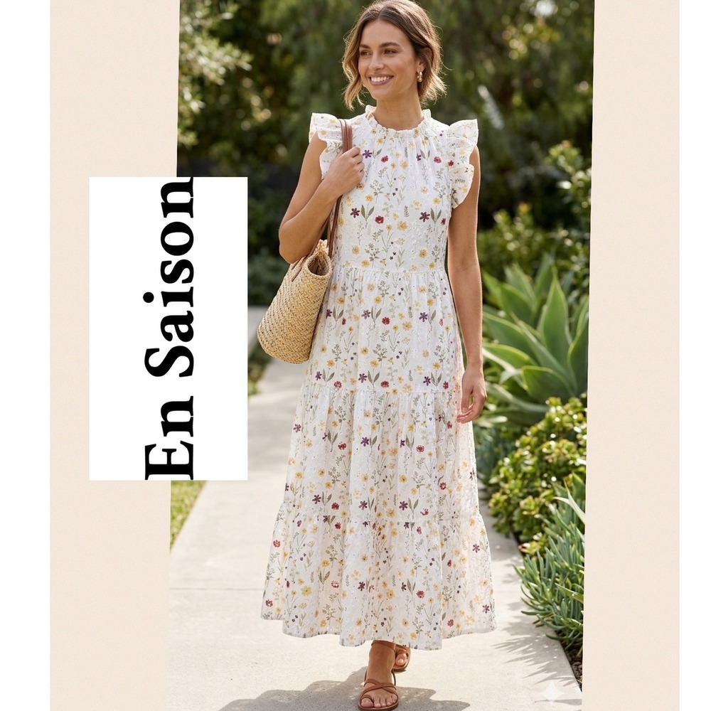 En Saison Floral Eyelet Midi Dress White Flutter Sleeve Tiered Cotton XS